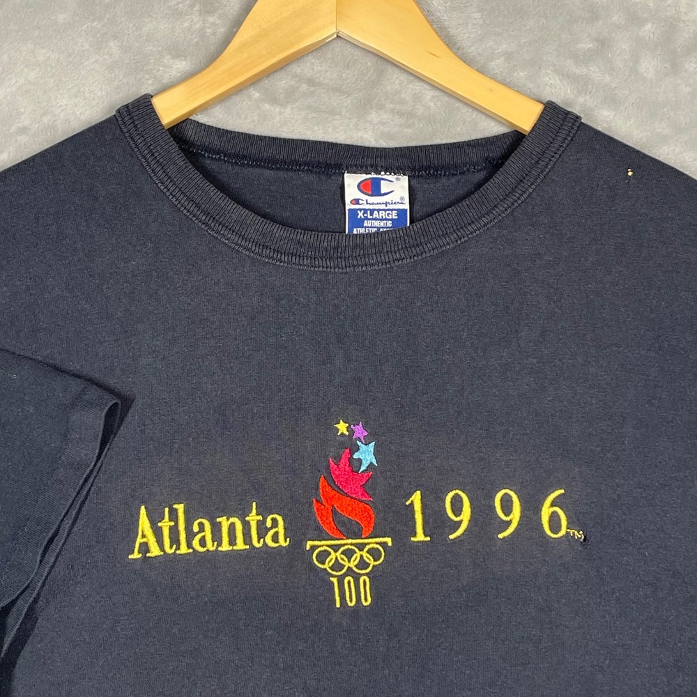 Vintage 90s Champion Atlanta 1996 Olympic Embroidered T-Shirt Navy XL USA Made